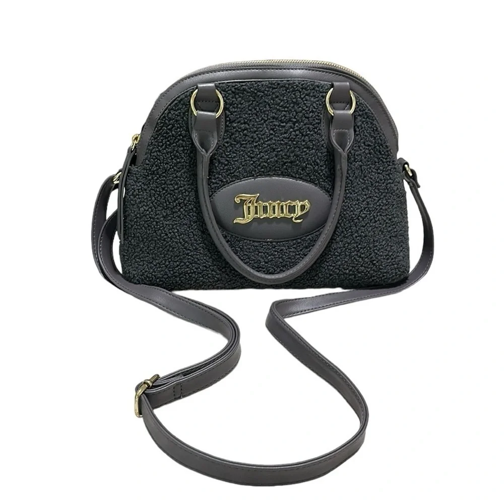 Juicy Couture Y2K Crossbody Gray Satchel Dome Sherpa Vegan Faux Leather Bag